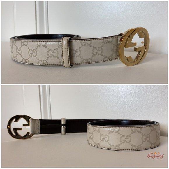 Authentic Gucci Cream Guccissima Leather Gold Interlocking G Buckle Belt 85/34 - Picture 11 of 13